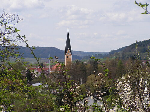 Aussicht vom Wildensteinerweg auf Dietfurt im Mittelpunkt der Kirchturm von der Pfarrkirche