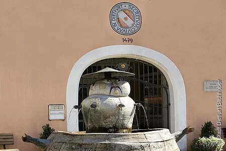 Chinesenbrunnen vorm Rathaus im Mittelpunkt, ganz vorne links Blumen.
