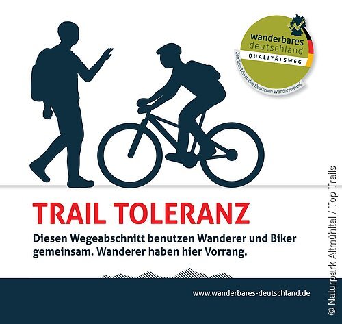 Das Schild zeigt einen Wanderer und einen Fahrradfahrer. Darunter steht der Text "Trail Toleranz - Diesen Wegeabschnitt benutzen Wanderer und Biker gemeinsam. Wanderer haben hier Vorrang."