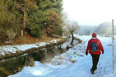 Eine Person wandert auf dem schneebedeckten Weg der Schlaufe 24, neben der fließenden Schambach entlang.