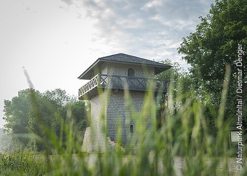 Der Limesturm ist aus weißem Stein rekonstruiert. Die Balustrade ist aus Holz und führt einmal um den ganzen Turm. Es ist unten ein kleines Fenster und oben eine Tür, die auf die Balustrade führt zu sehen. Umrahmt wird der Turm vom grünen Gras und den Bäumen im Hintergrund. Der blaue Himmel ist bewölkt.