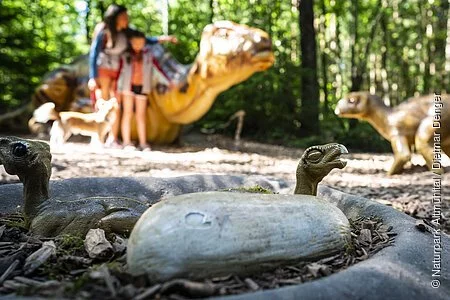 Im Außengelände des Dinosauriermuseum Denkendorf beobachten Kinder die ausgestellten Dinosaurier.