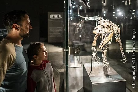 Ein Vater mit Kind schauen sich einen kleinen ausgestellten Dinosaurier in einer Vitrine an.