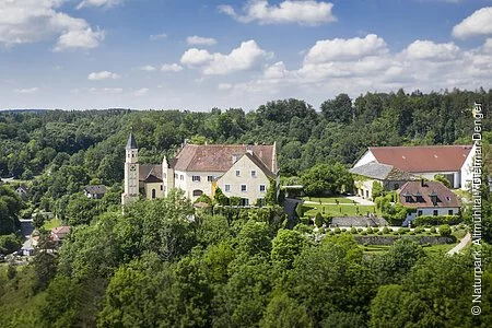 Das Schloss Hexenagger von oben zu sehen. Eingebettet in grünem Blätterkleid. Der Himmel ist hellblau und weiße Wolken sind zu sehen.