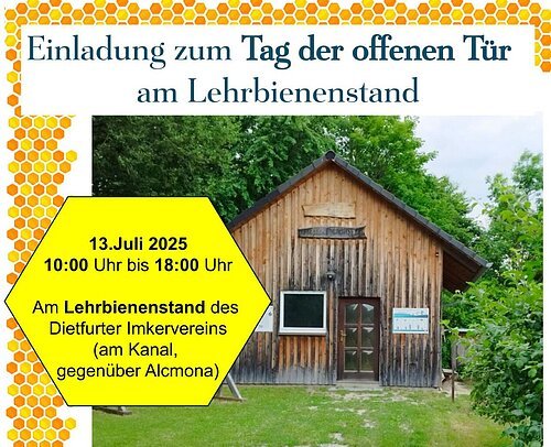 Außenansicht Lehrbienenstand mit Programmbeschreibung für den Tag der offenen Tür am 13. Juli 2025 von 10 - 18 Uhr