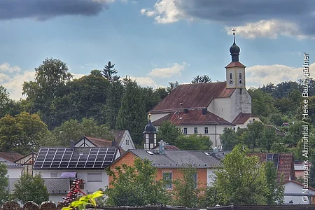 Die Waltinger Kirche von weitem zu sehen, wie sie über die Dächer herausragt.