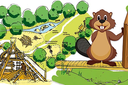 Biberspielplatz Biber hält einen Bleistift, rechts ist eine Biberburg als Spielgerät zum Klettern dargestellt.