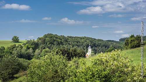 Schambachtal bei Sollern Kirchturm einer Kirche ragt aus einem bewaldeten Hügel hervor, umgeben von grünen Wiesen und Bäumen unter blauem Himmel.