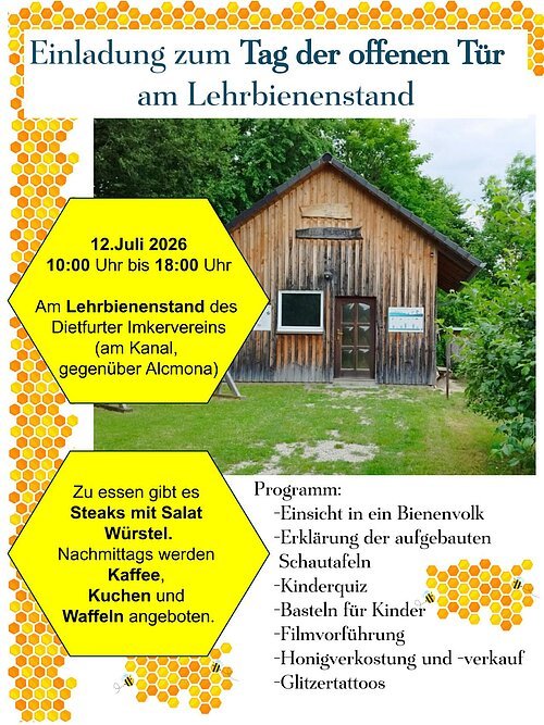 Imkerverein Tag der offenen Tür 12.07.2026 Außenansicht Lehrbienenstand mit Programmbeschreibung für den Tag der offenen Tür am 12. Juli 2025 von 10 - 18 Uhr