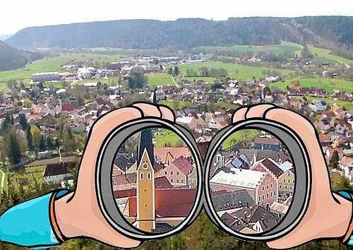 Man schaut mit einem imaginären Fernglas auf das Stadtbild Dietfurt (mit KI-Unterstützung).