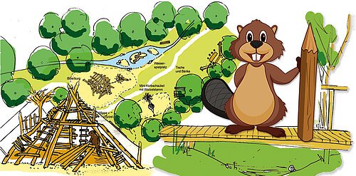 Biber hält einen Bleistift, rechts ist eine Biberburg als Spielgerät zum Klettern dargestellt.