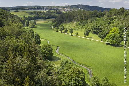 Tal mit grünem Gras, Bäumen, kleinem Bach und Dorf im Hintergrund unter blauem Himmel