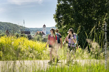 Drei Wanderer mit Rucksäcken auf Weg vor gelben Blumen und Dorf mit Kirchturm im Hintergrund