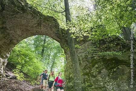 Vier Wanderer gehen einen Waldweg mit Steintreppe unter einem natürlichen Felsbogen hinab.
