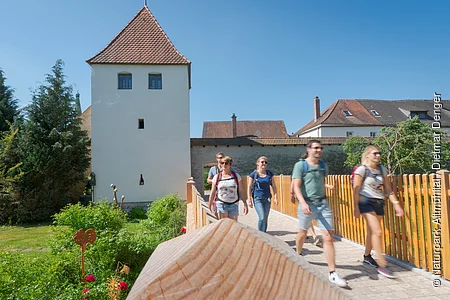 Fünf Personen mit Rucksäcken gehen auf einem gepflasterten Weg neben einem weißen Turm mit rotem Dach bei klarem Himmel.