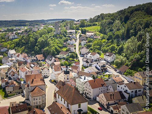 Luftaufnahme eines Dorfes mit Kirche, Wohnhäusern, bewaldeten Hügeln und einer Burgruine im Hintergrund.