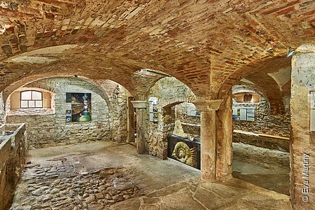 Historischer Kellerraum mit gewölbter Decke aus Backstein und Ausstellungsstücken an den Steinwänden.