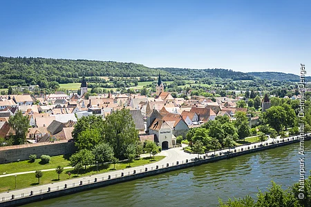Blick auf eine Stadt mit roten Dächern, Flussufer, Bäumen und bewaldeten Hügeln im Hintergrund bei klarem Himmel.