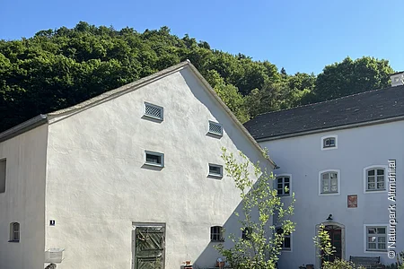 Ein altes Jura-Haus steht vor einem Wald und blauem Himmel