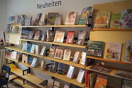 Regal mit verschiedenen Büchern und Schild „Neuheiten“ in einem Raum mit Stuhl und Heizkörper.