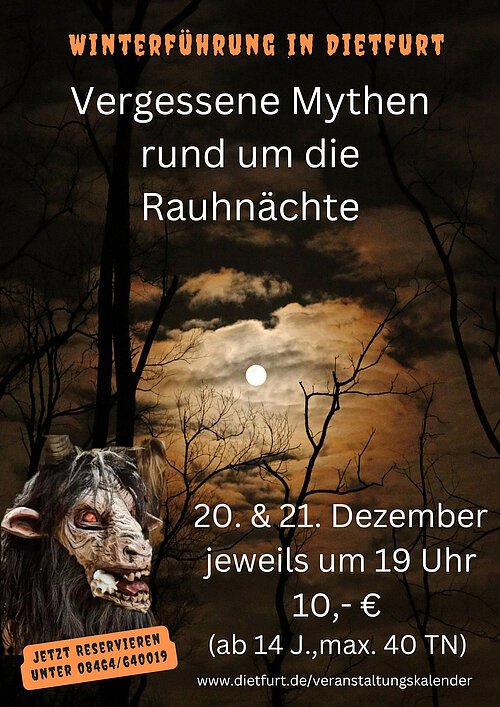 Plakat Rauhnächte 2025 Das Plakat zeigt einen mystischen nächtlichen Wald mit einer gruseligen Perchtenmaske.