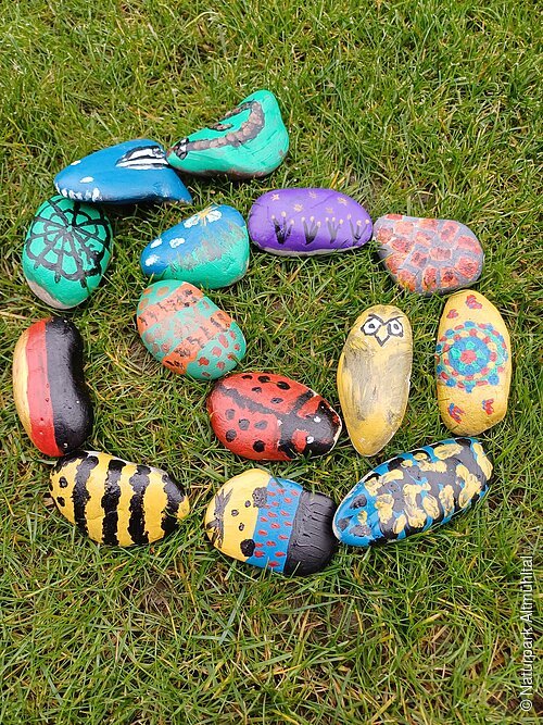 In einer Wiese liegen viele bunte Kieselsteine