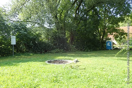 Grüne Wiese mit Feuerstelle, Bäumen, einem Hinweisschild links und einem blauen mobilen Toilettenhäuschen rechts.