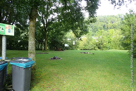 Grüne Wiese mit mehreren Feuerstellen, Bäumen und Mülltonnen links, im Hintergrund Wald und Schilder.
