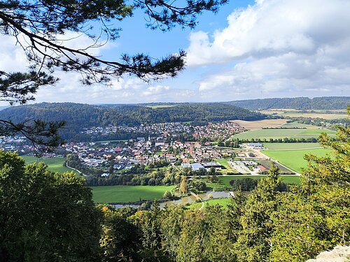 Blick auf Töging Ausblick über Bäume hinweg ins Tal nach Töging