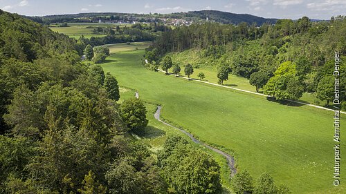 Tal mit grünem Gras, Bäumen, kleinem Bach und Dorf im Hintergrund unter blauem Himmel