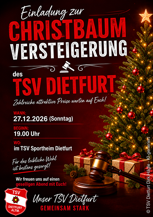 Plakat TSV Christbaumversteigerung 2026 · KI-generiert Werbung für die Versteigerung TSV Dietfurt