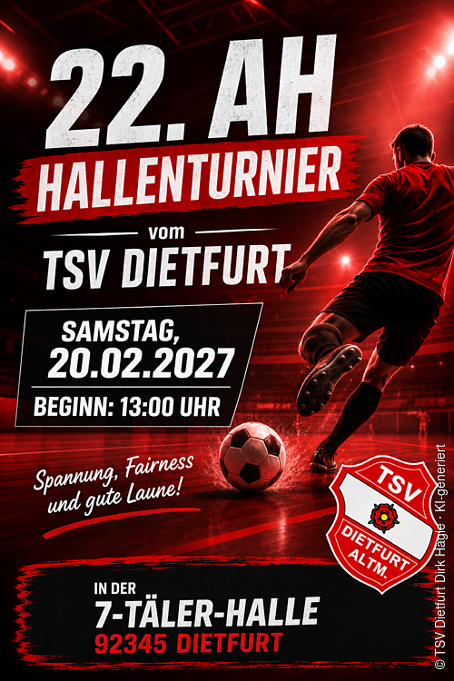 Plakat AH-Hallenturnier 2027 · KI-generiert Auf den Plakat wird das AH-Hallenturnier des TSC Dietfurt beworben