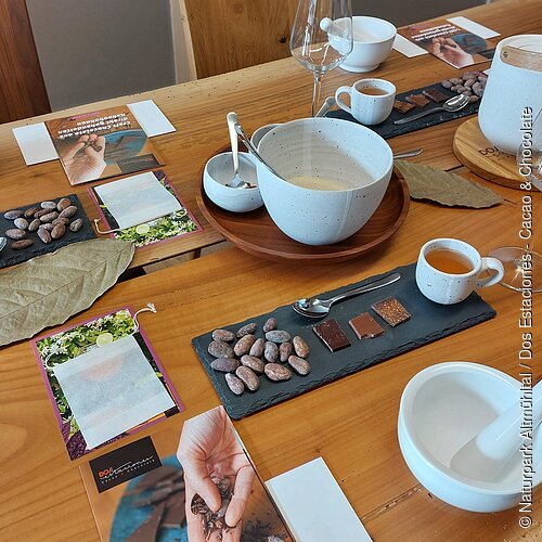 Dos Estaciones - Cacao & Chocolate Tisch mit Schalen, Kakaobohnen, Schokoladenstücken, Tassen mit Getränk und Mörser mit Stößel.